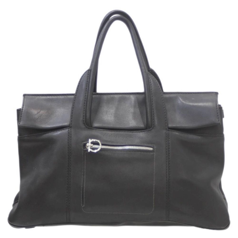Auth Salvatore Ferragamo Large Black Gancini Leather Tote Bag Weekender